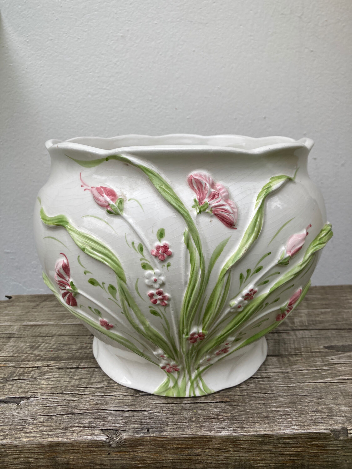 White ceramic pot cache of flower slip and old green foliage