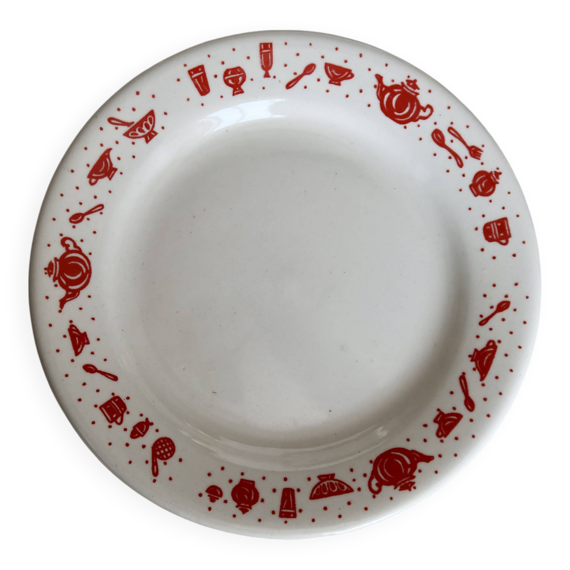 4 assiettes à dessert vintage en porcelaine à liseré rouge motif petit déjeuner