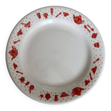 4 vintage porcelain dessert plates with red border and breakfast motif