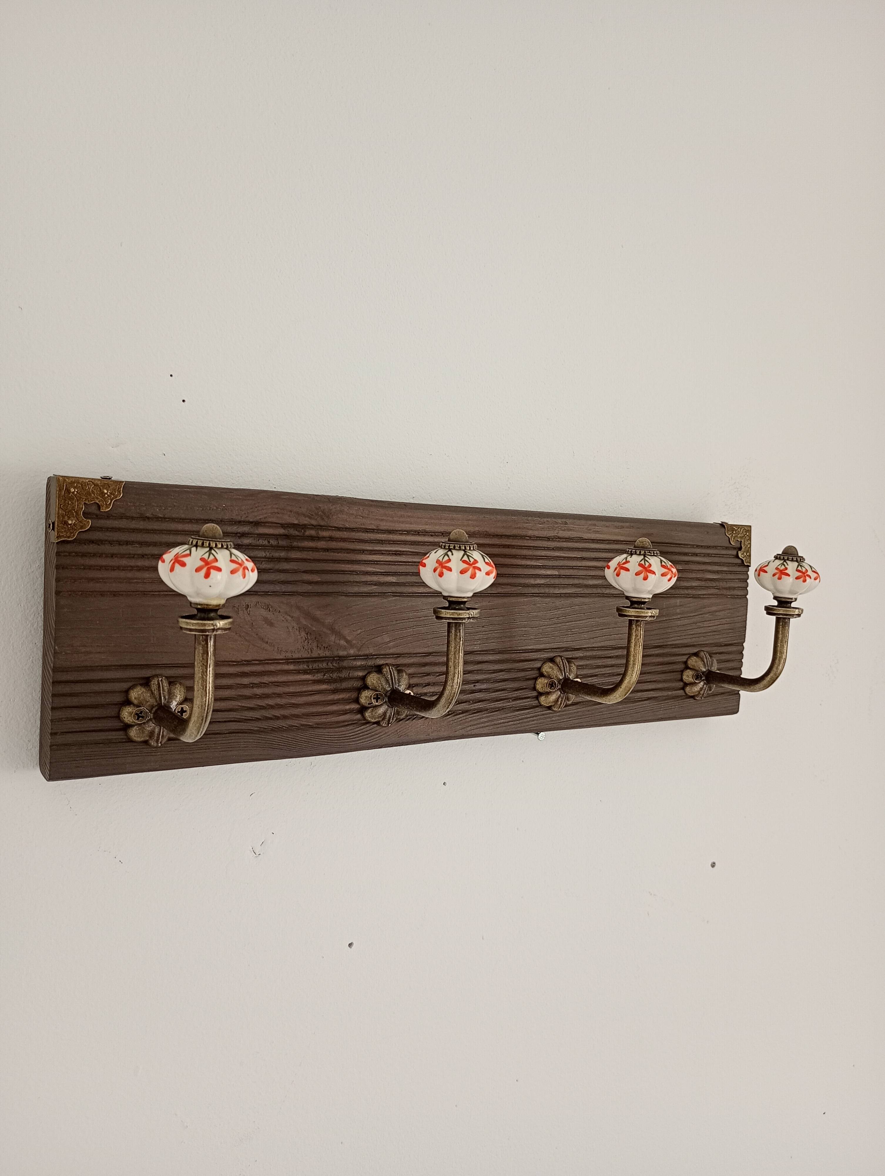 Wall-mounted coat rack wood metal ceramic 40 cm 4 hooks floral patterns