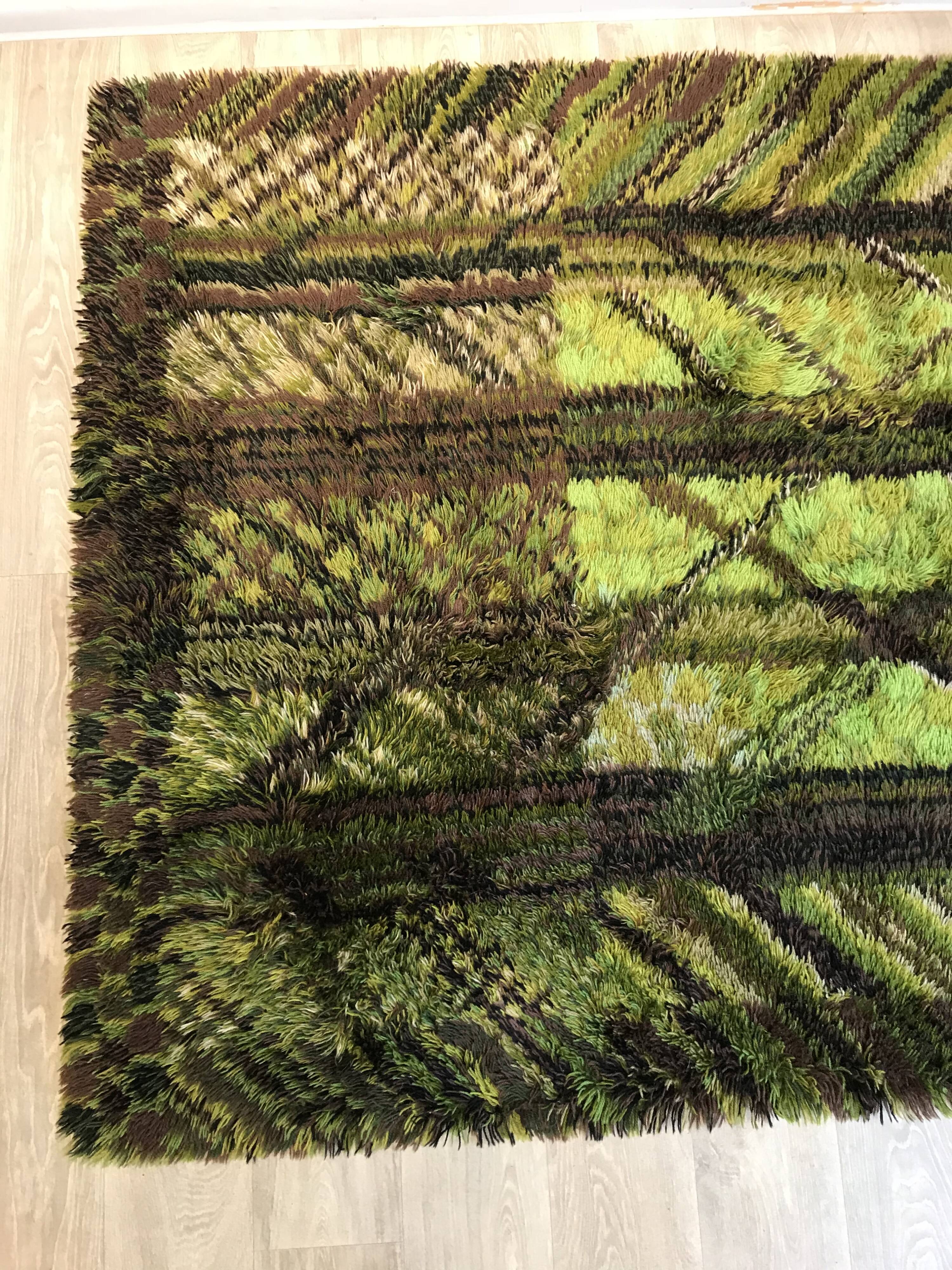 Öster Gyllen long pile carpet green brown Vintage Sweden