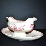 Sarreguemines earthenware gravy boat, Red Favorite with birds