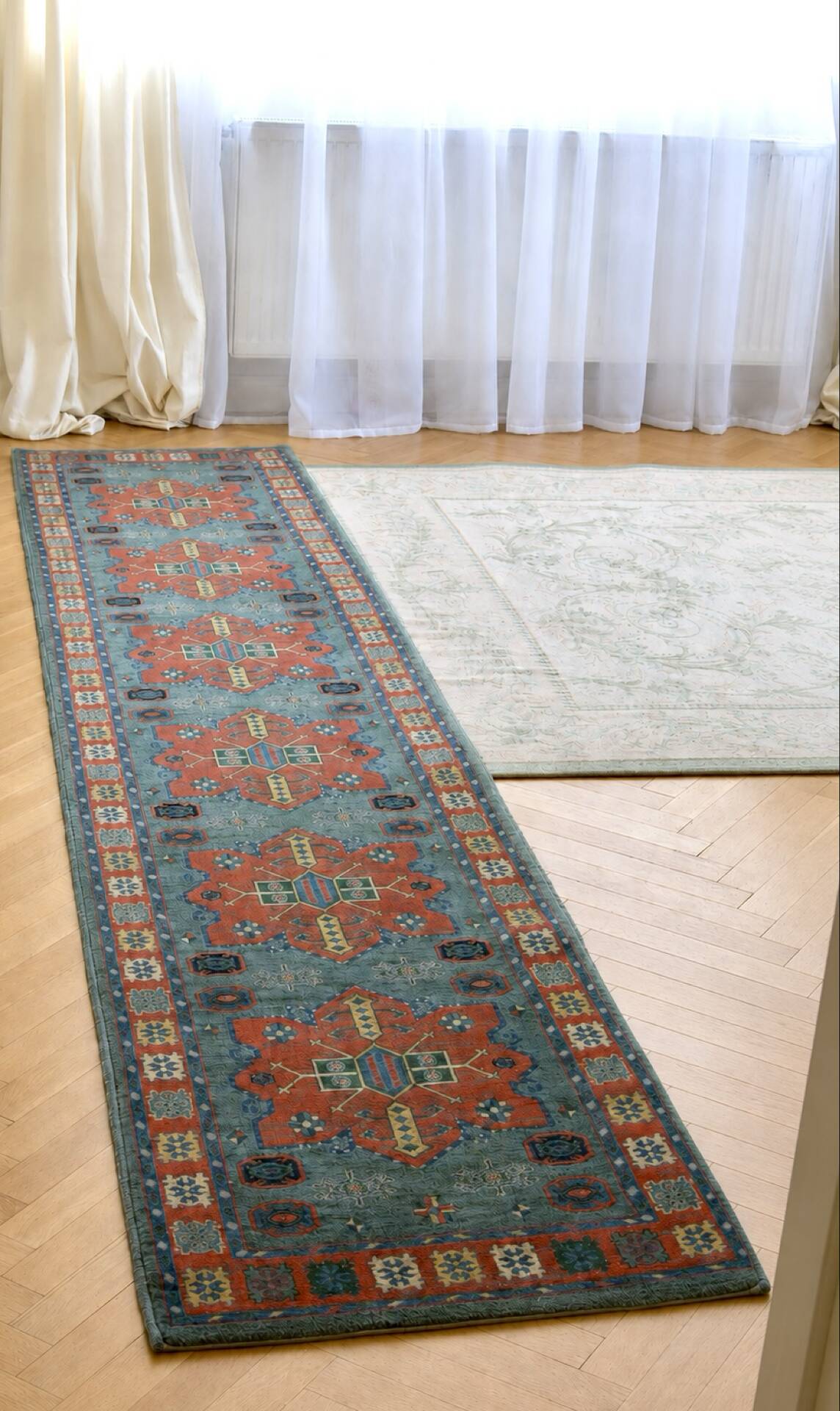 Vintage Spanish hallway rug in wool, 70 × 350 cm