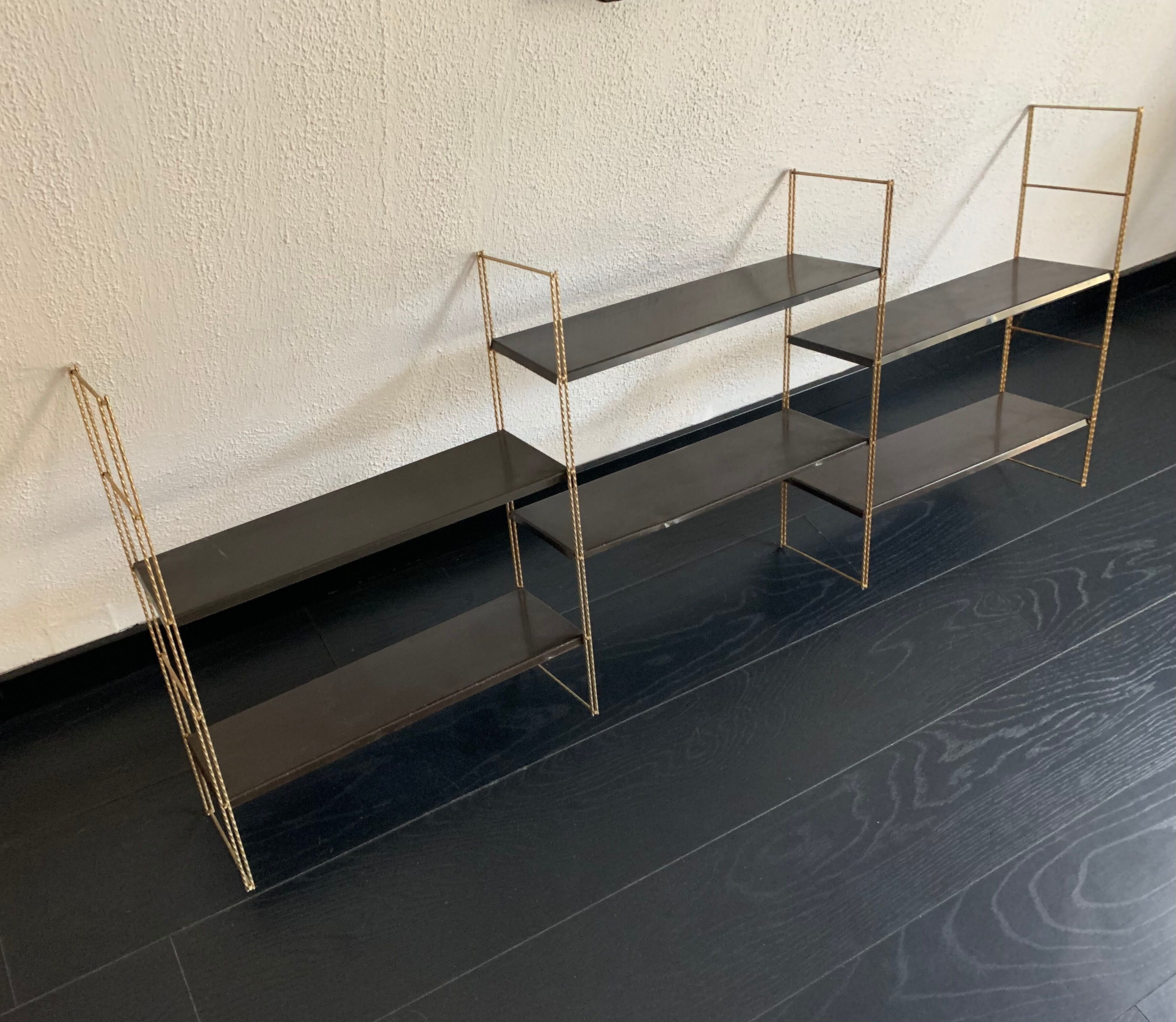 Pair shelves vintage 1960 string chocolate gold - 144 x 58 cm