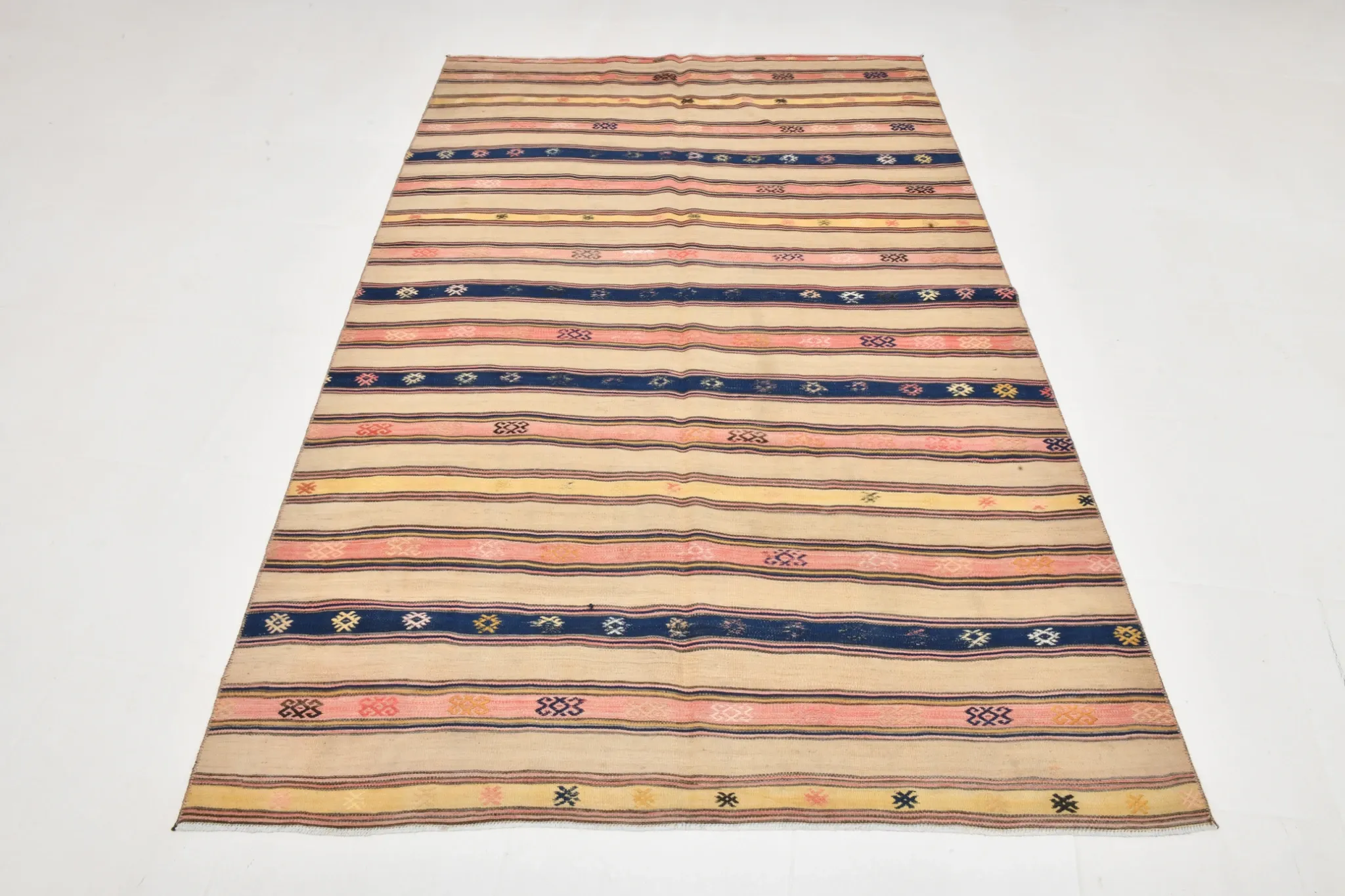 Turkish Vintage Blue & Beige Kilim Rug, Mid Century Modern Farmhouse Decor