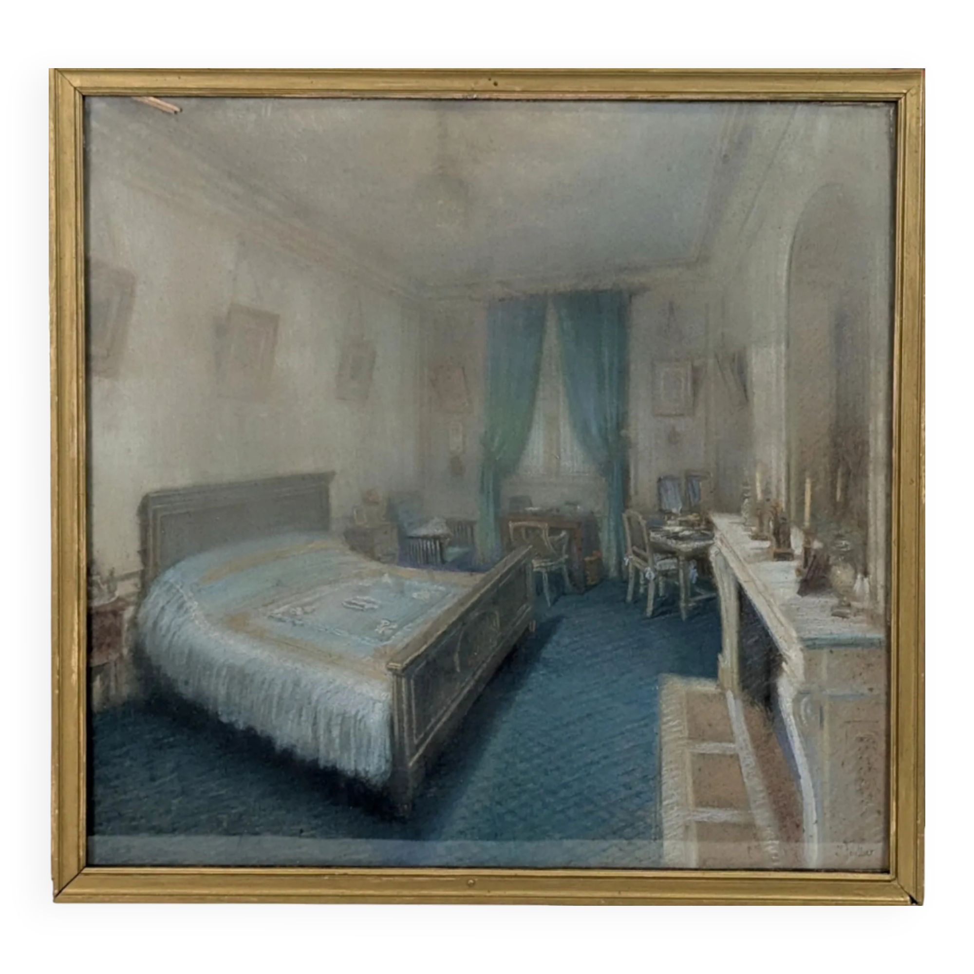 A painting depicting a 19th-century bedroom signed by Jean Victor Fossier.