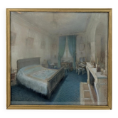 A painting depicting a 19th-century bedroom interior signed by jean victor fossier.