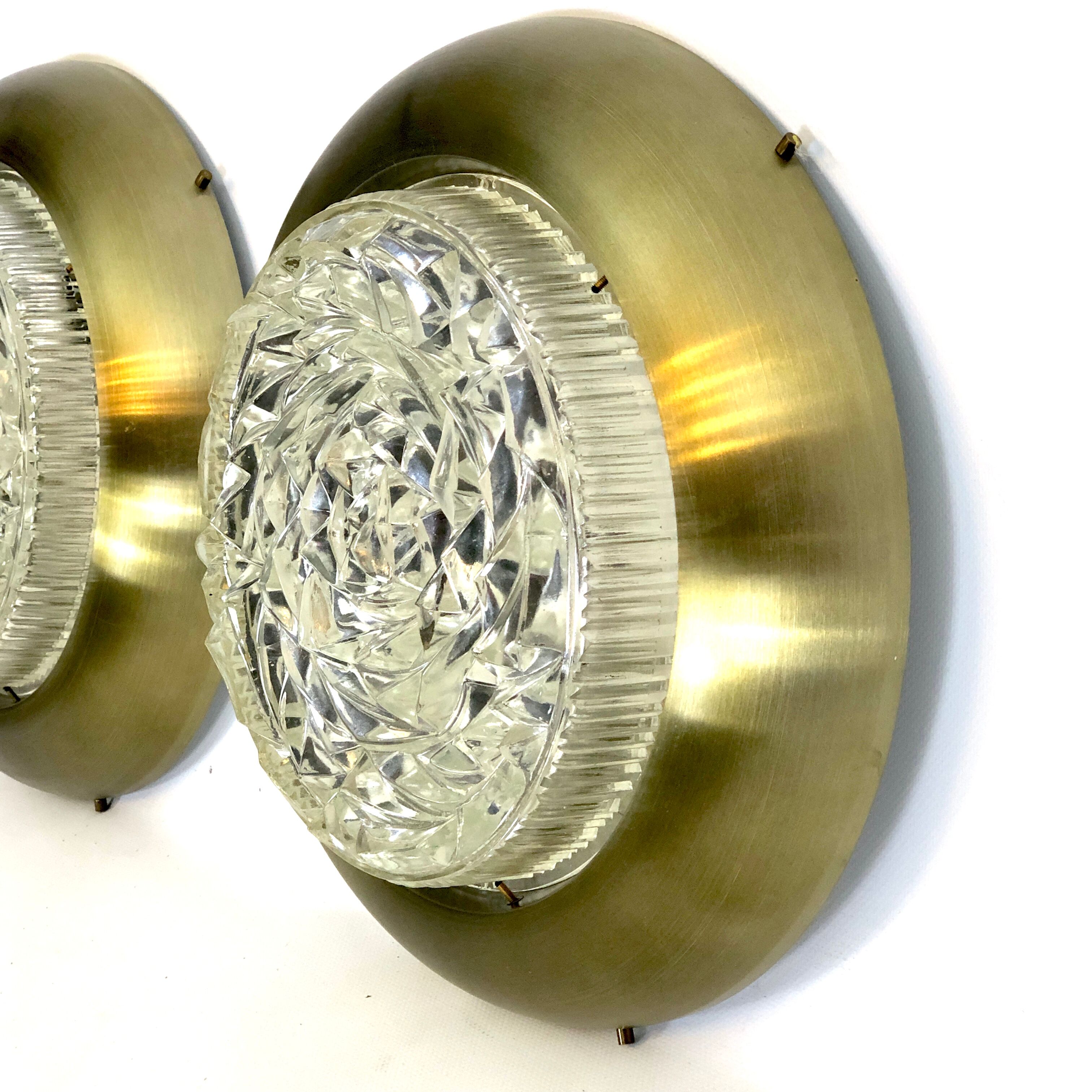 Stilux Milano, Mid-Century gild and glass ceiling lamps or sconces. Set of two