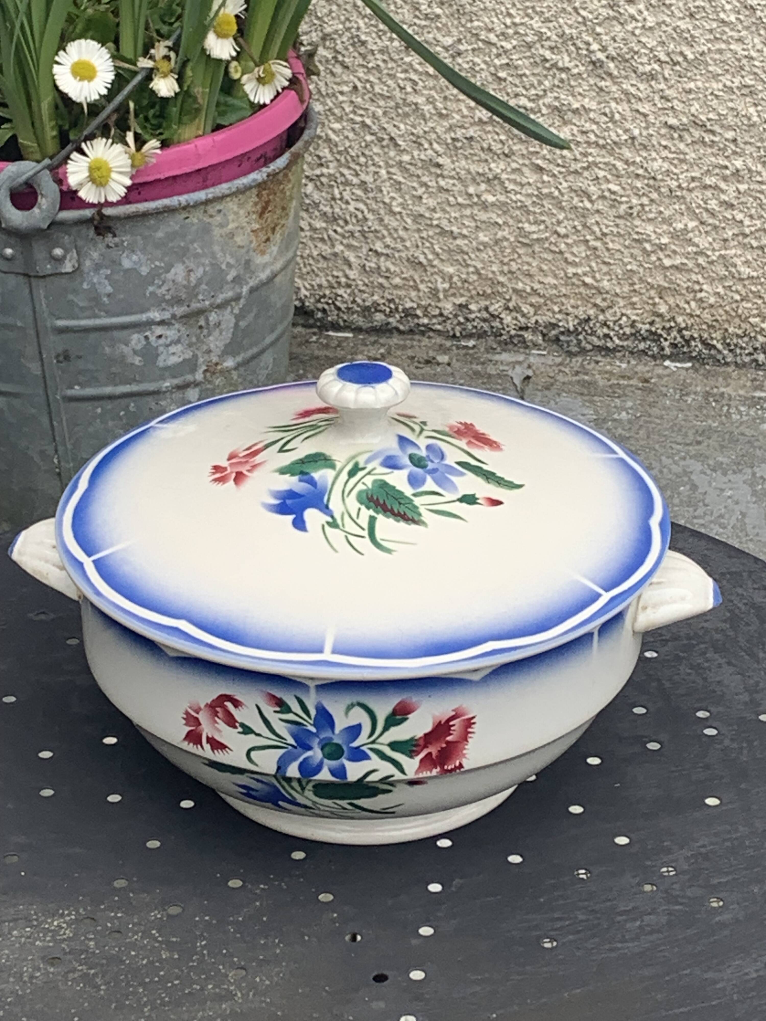 Soup tureen, Elorn model, Digoin and Sarreguemines, France, carnation motifs