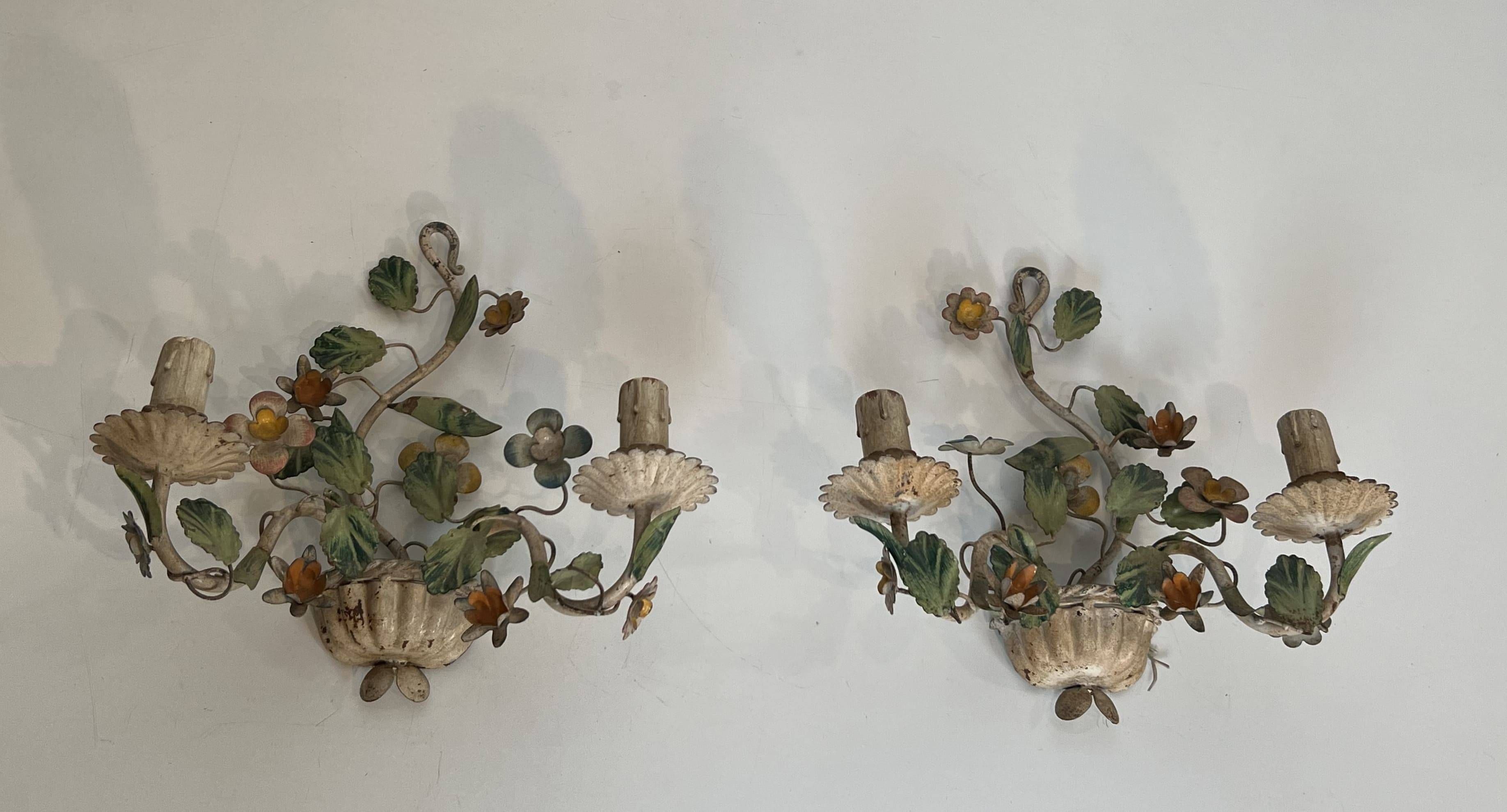 Pair of Wall Lights with Floral Basket in Painted Sheet Metal. Italian Work. Circa 19.