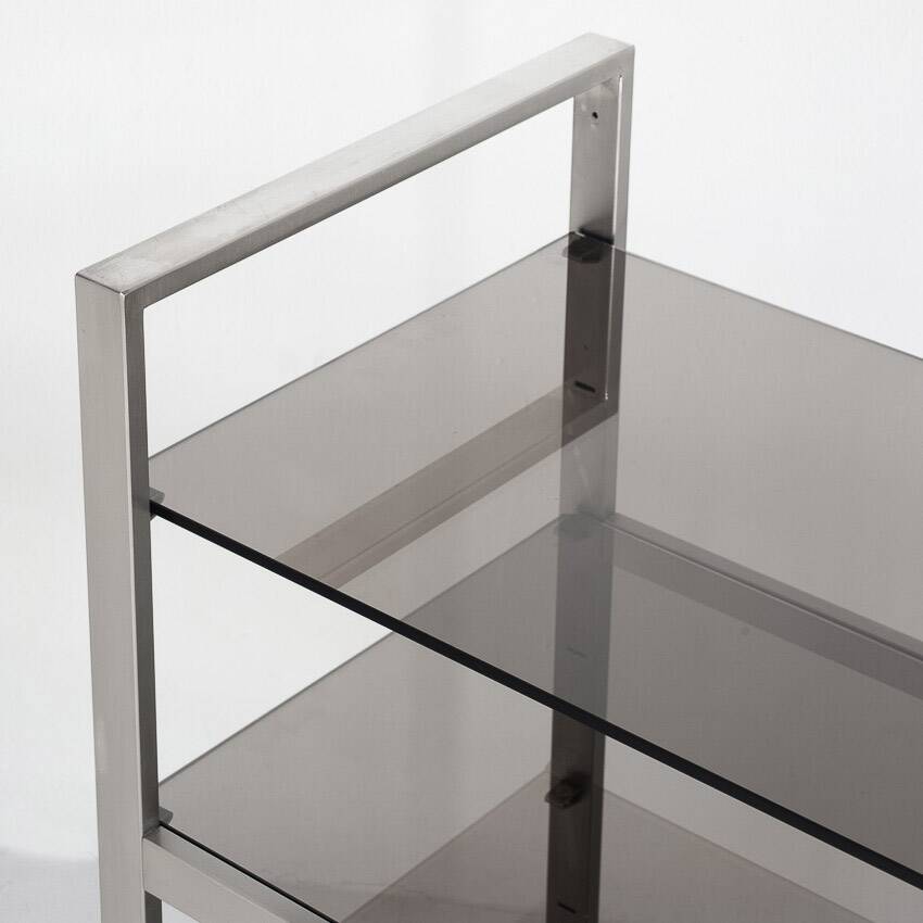 Vintage TV or HiFi cabinet. Brushed stainless steel and smoked glass. France, 1970s