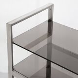 Vintage TV or HiFi cabinet. Brushed stainless steel and smoked glass. France, 1970s