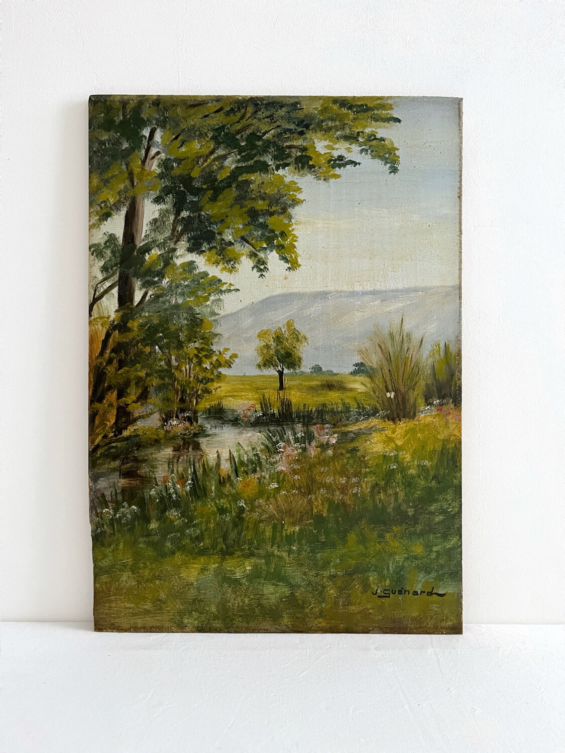 Peinture ancienne huile sur bois paysage verdoyant Joseph Guénard