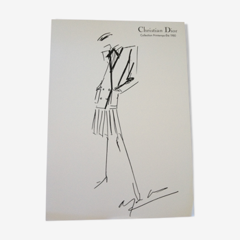 Croquis de mode de presse en noir et blanc Christian Dior des années 80