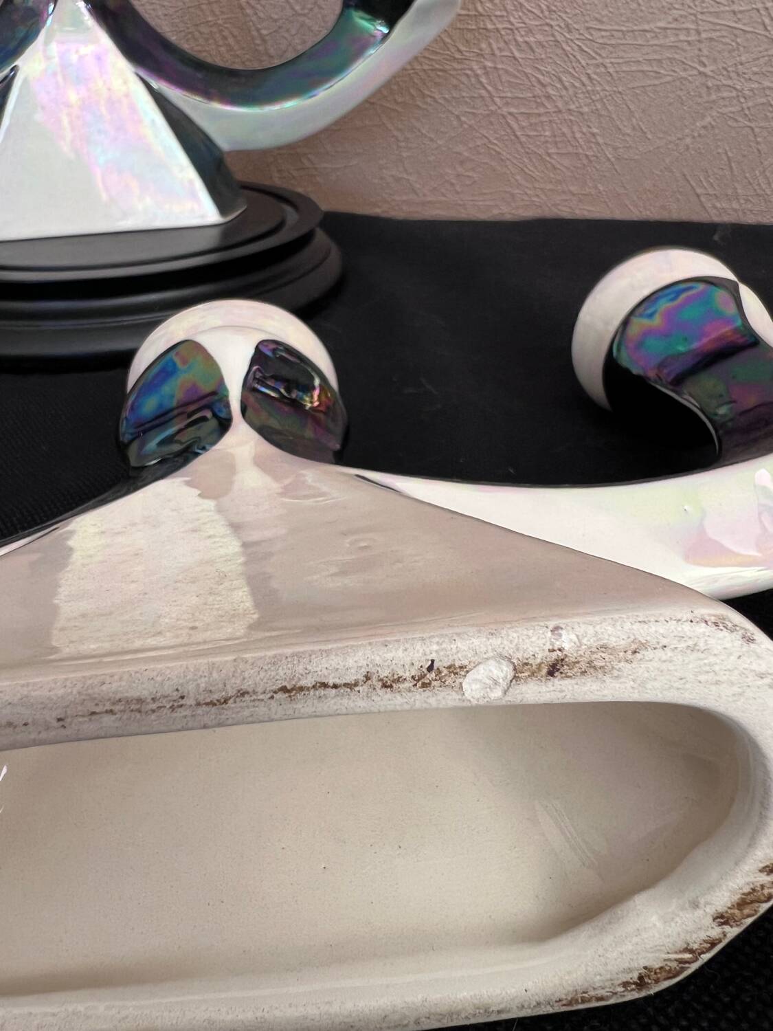 Pair of 3-branch candlesticks in iridescent two-tone ceramic from the 60s