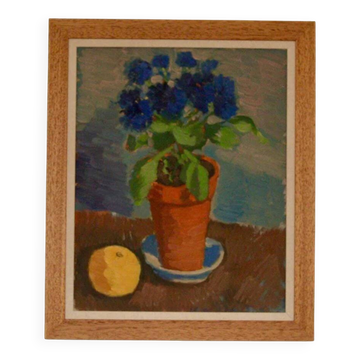 Huile su panneau suédoise – « Fleur bleue et agrumes » attribuée à Olax