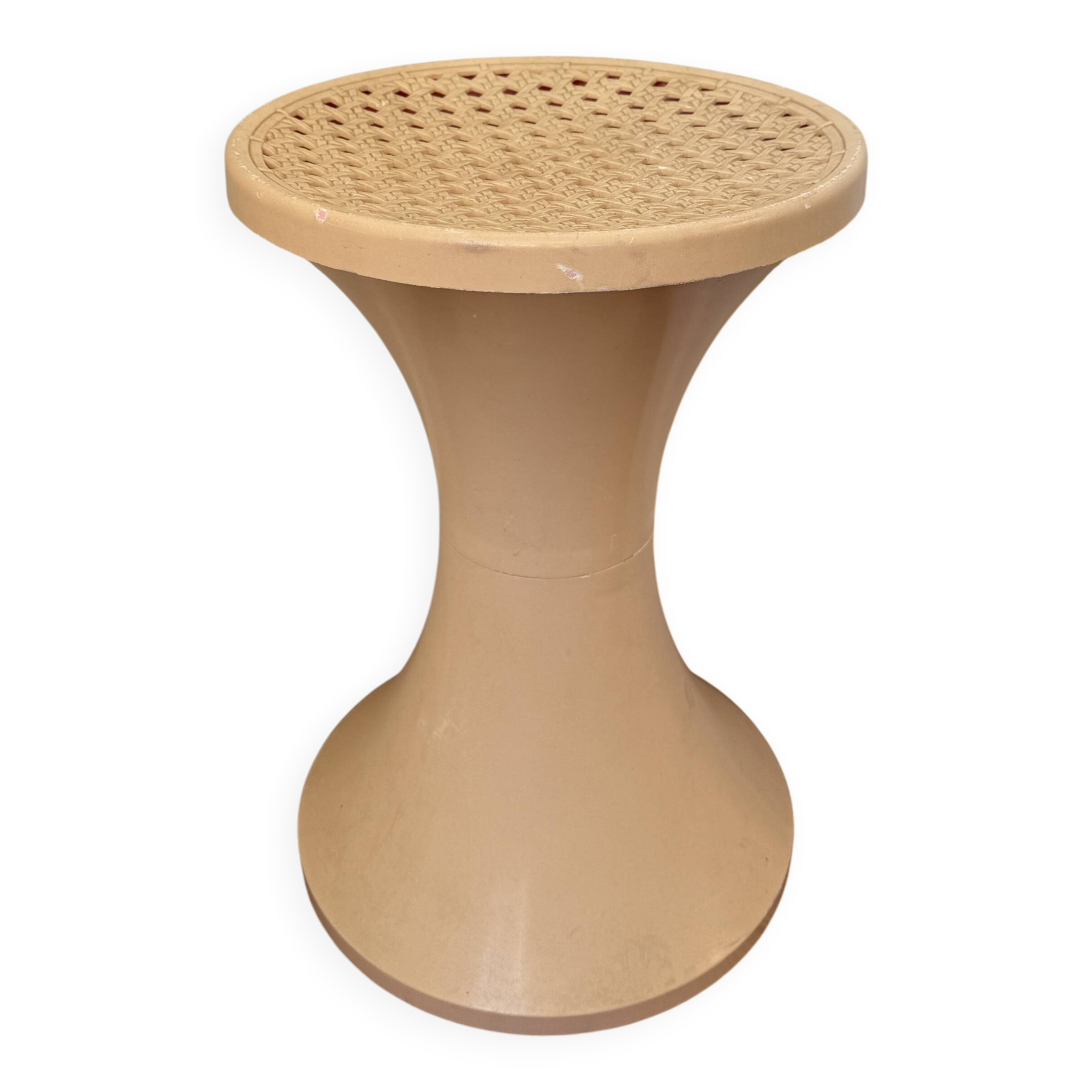 Tam Tam Stamp stool Made in France with a woven rattan-style seat.