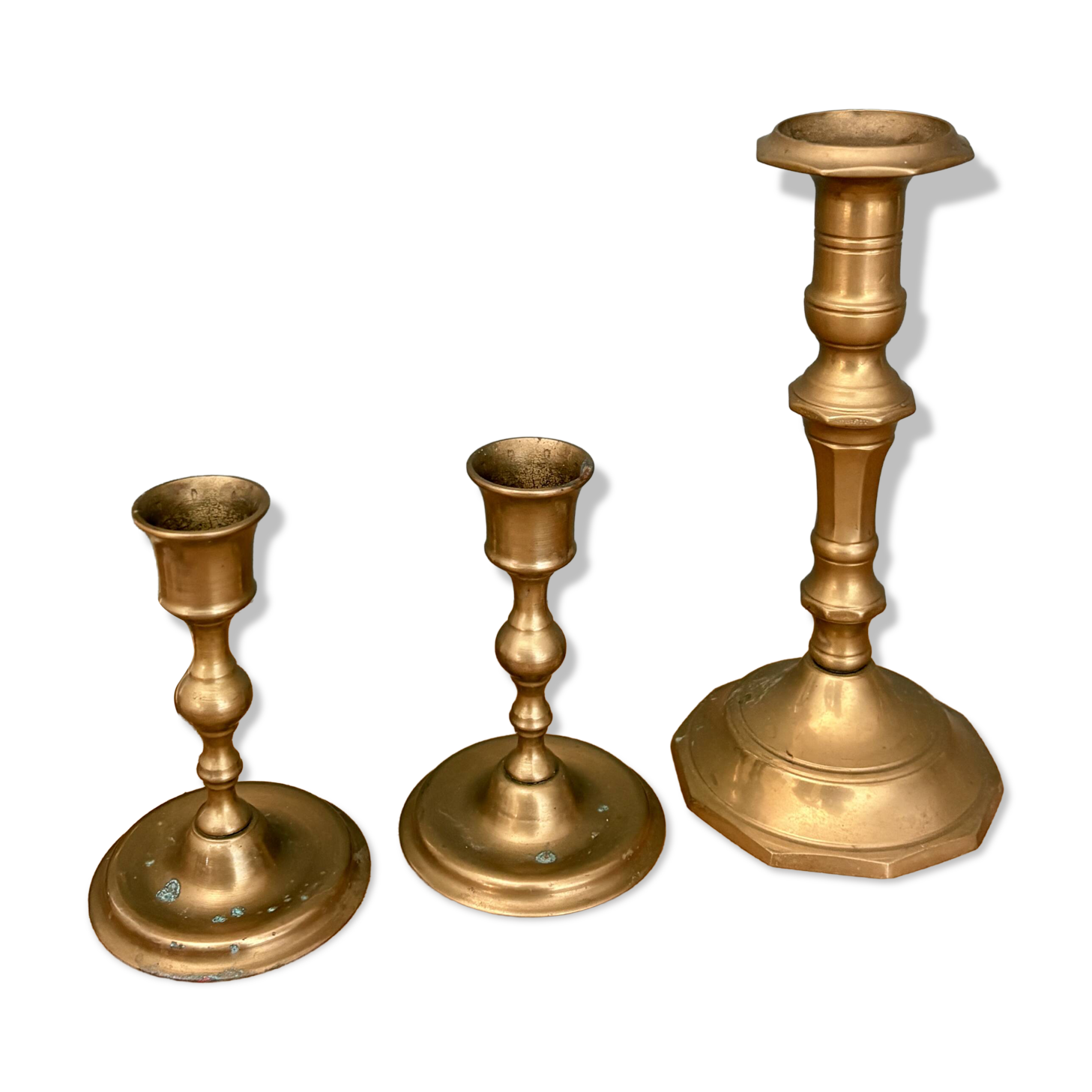 Set of 3 antique brass candle holders/candelabra.