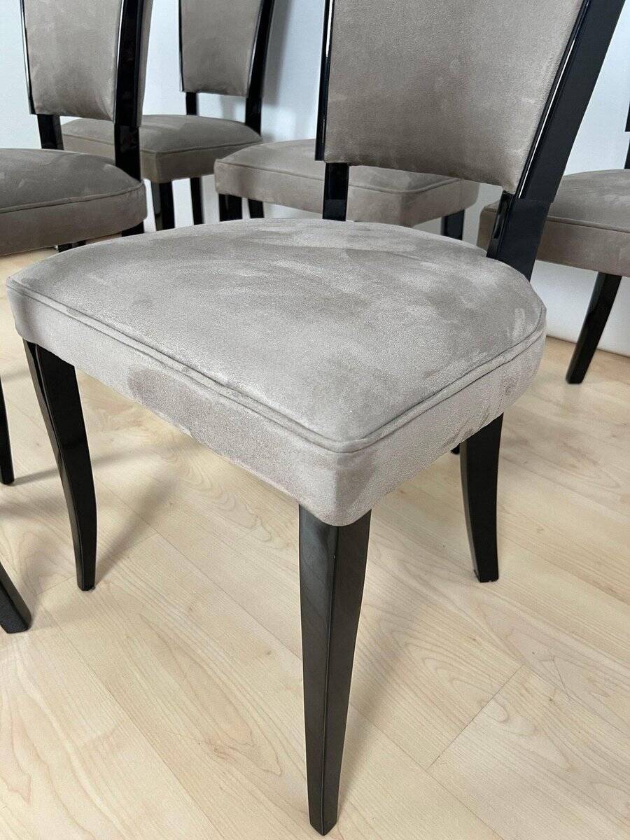 Art Deco Chairs in Black Lacquer & Grey Alcantara, France, 1930s, Set of 6