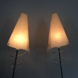 Pair of designer parquet floor lamps composed of lacquered metal and chrome bases and designer white plastic lampshades