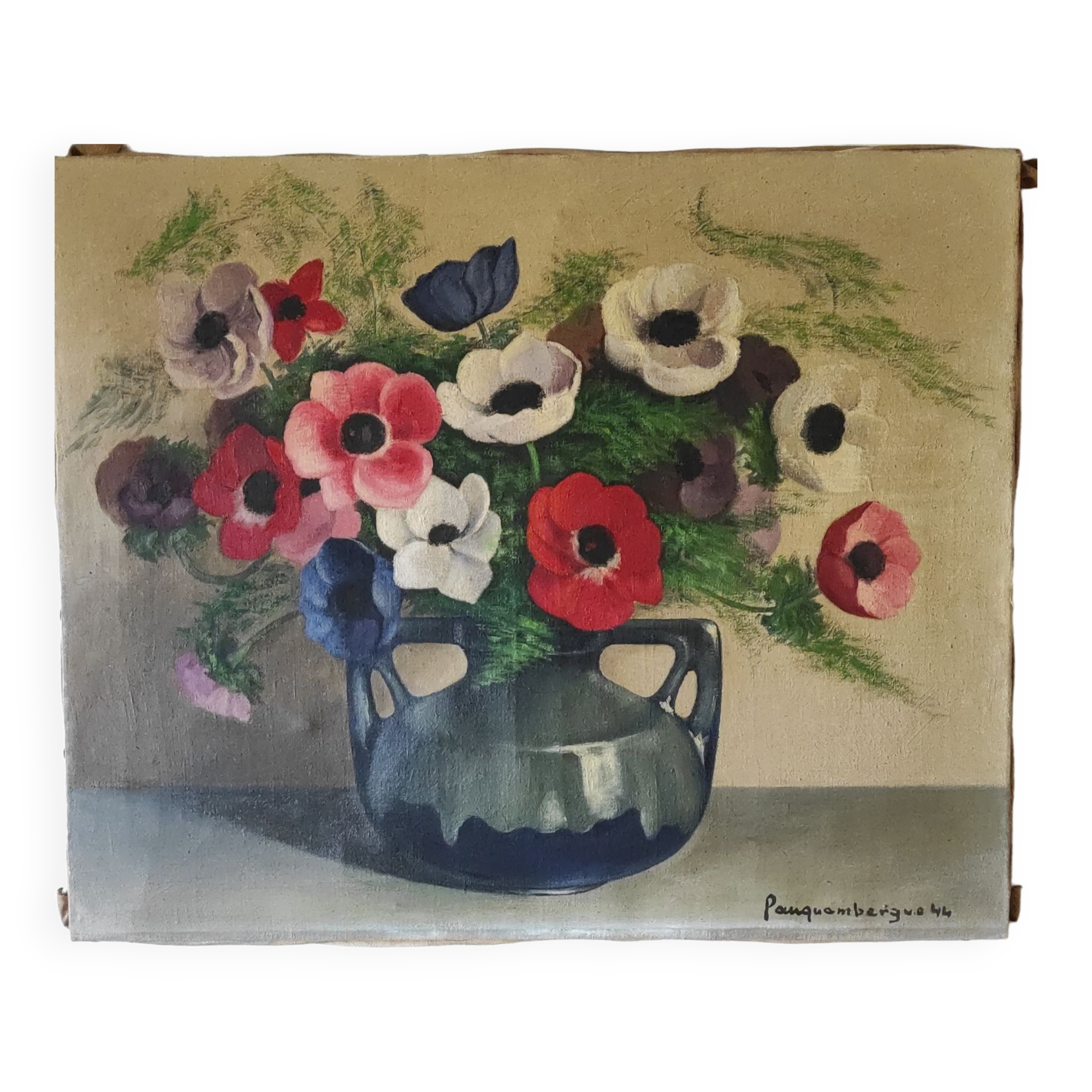Painting bouquet of anemone flowers from the 40s signed
