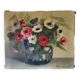Painting bouquet of anemone flowers from the 40s signed