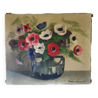 Painting bouquet of anemone flowers from the 40s signed