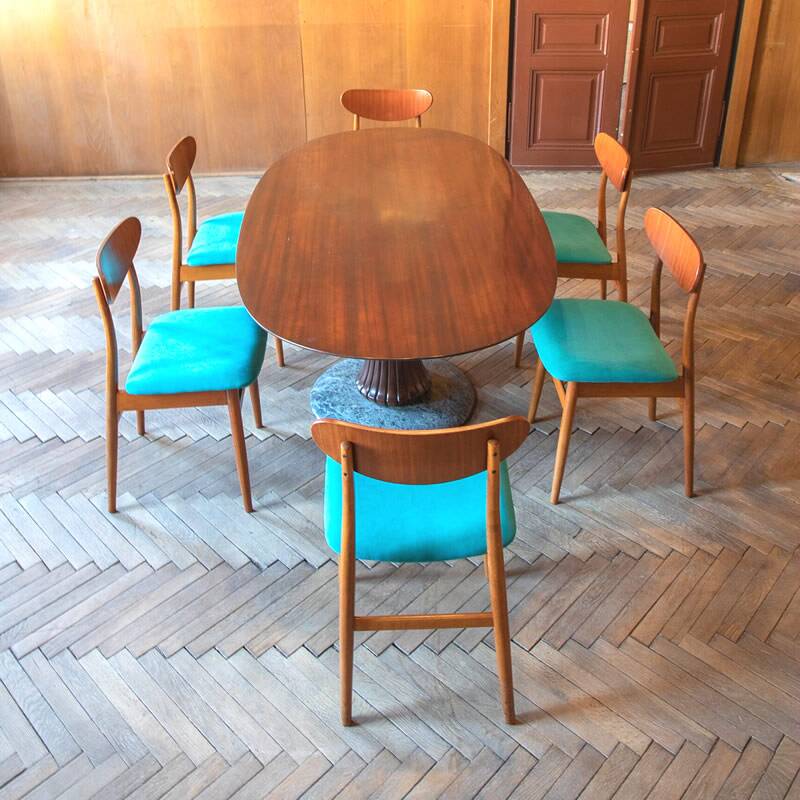 Blue wooden dining chairs, Italy 1950s
