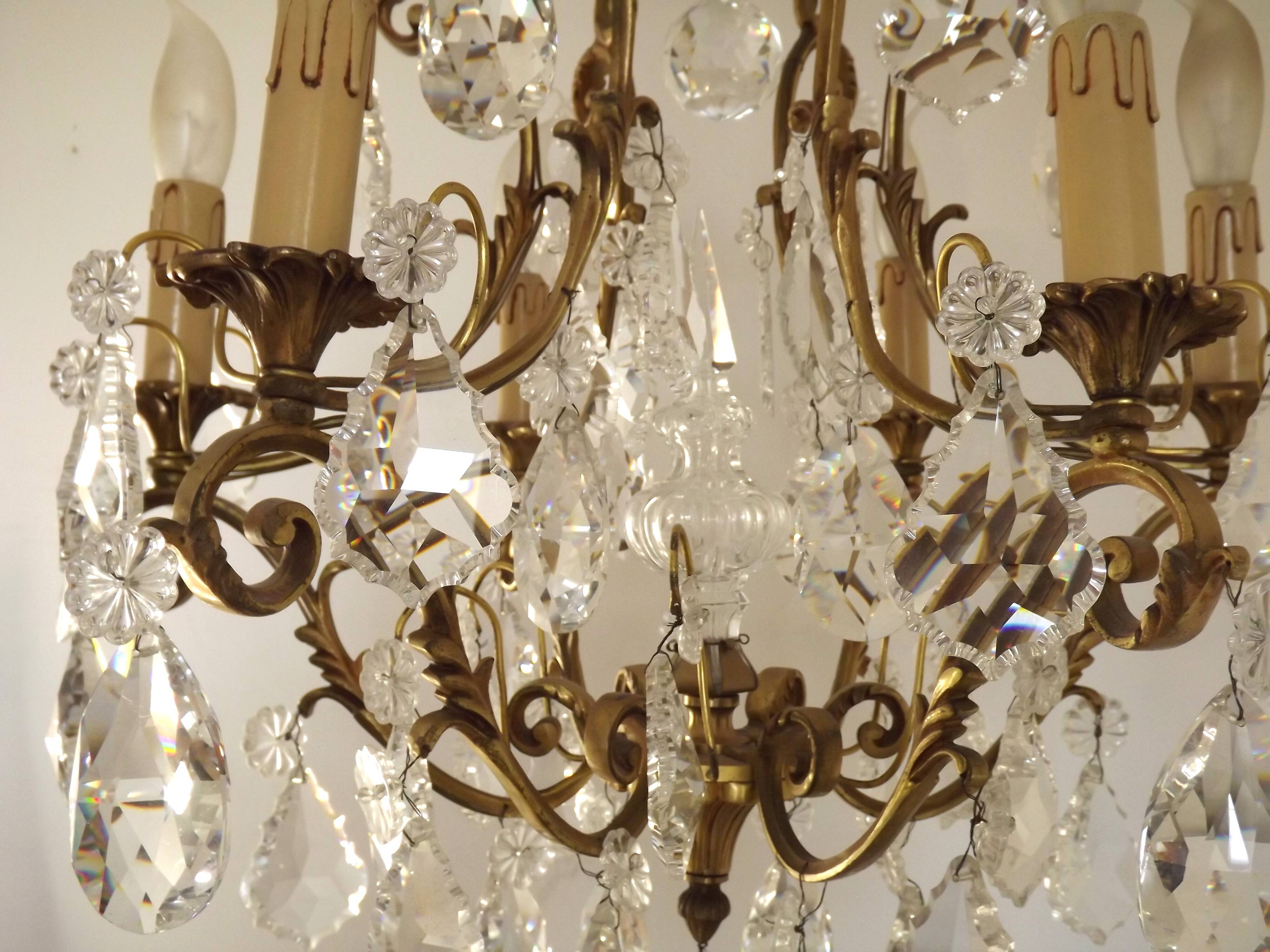 French Art Nouveau chandelier with 6 lights in bronze and crystal Acanthus 5552