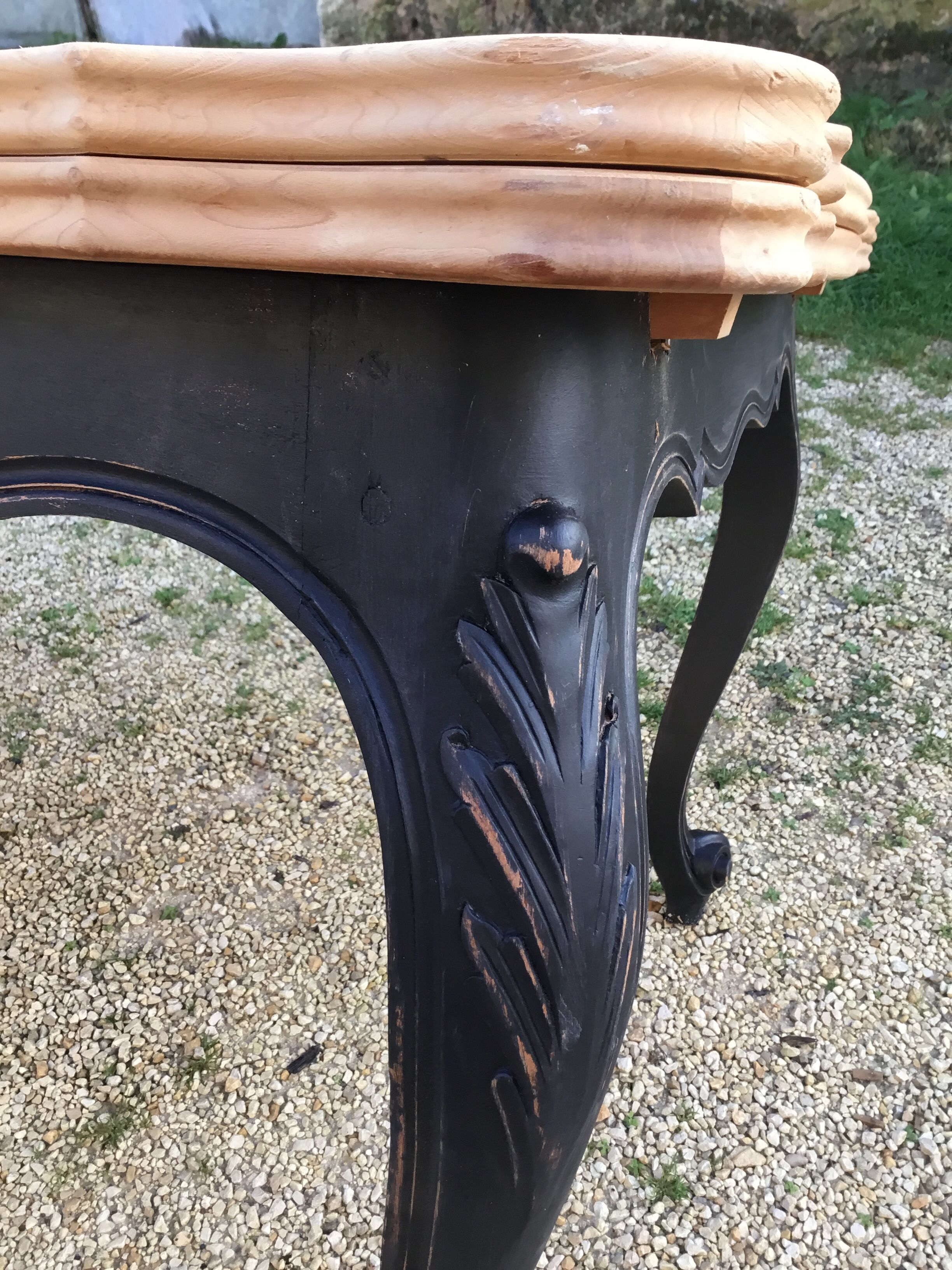 Louis XV style table in cherry wood restyled base in black and raw wood top