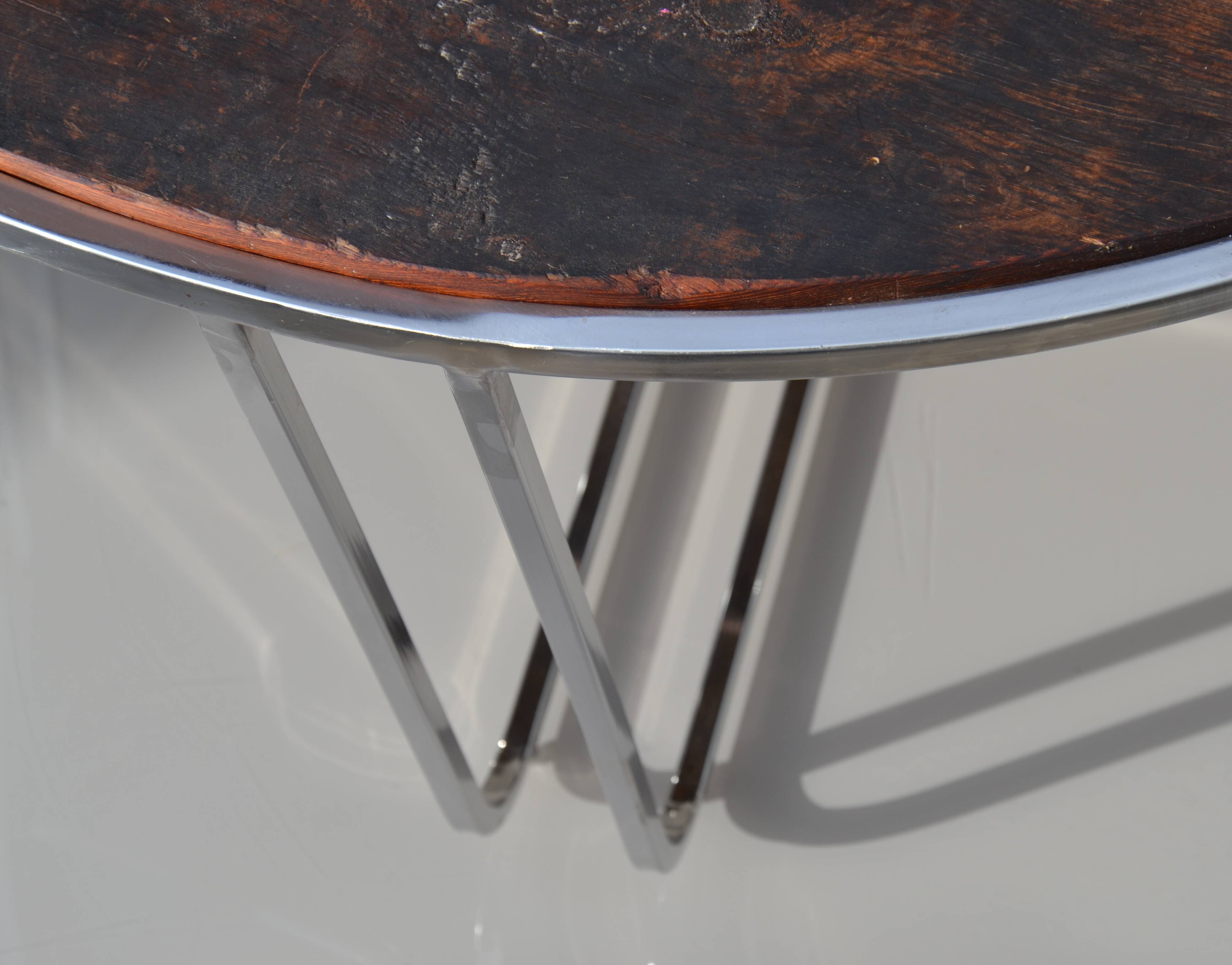 Rustic refurbished wood metal base industrial round coffee