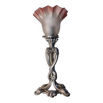 Art Nouveau hallmarked pewter lamp with very fine tulip, 1m of powered wire, 35x15