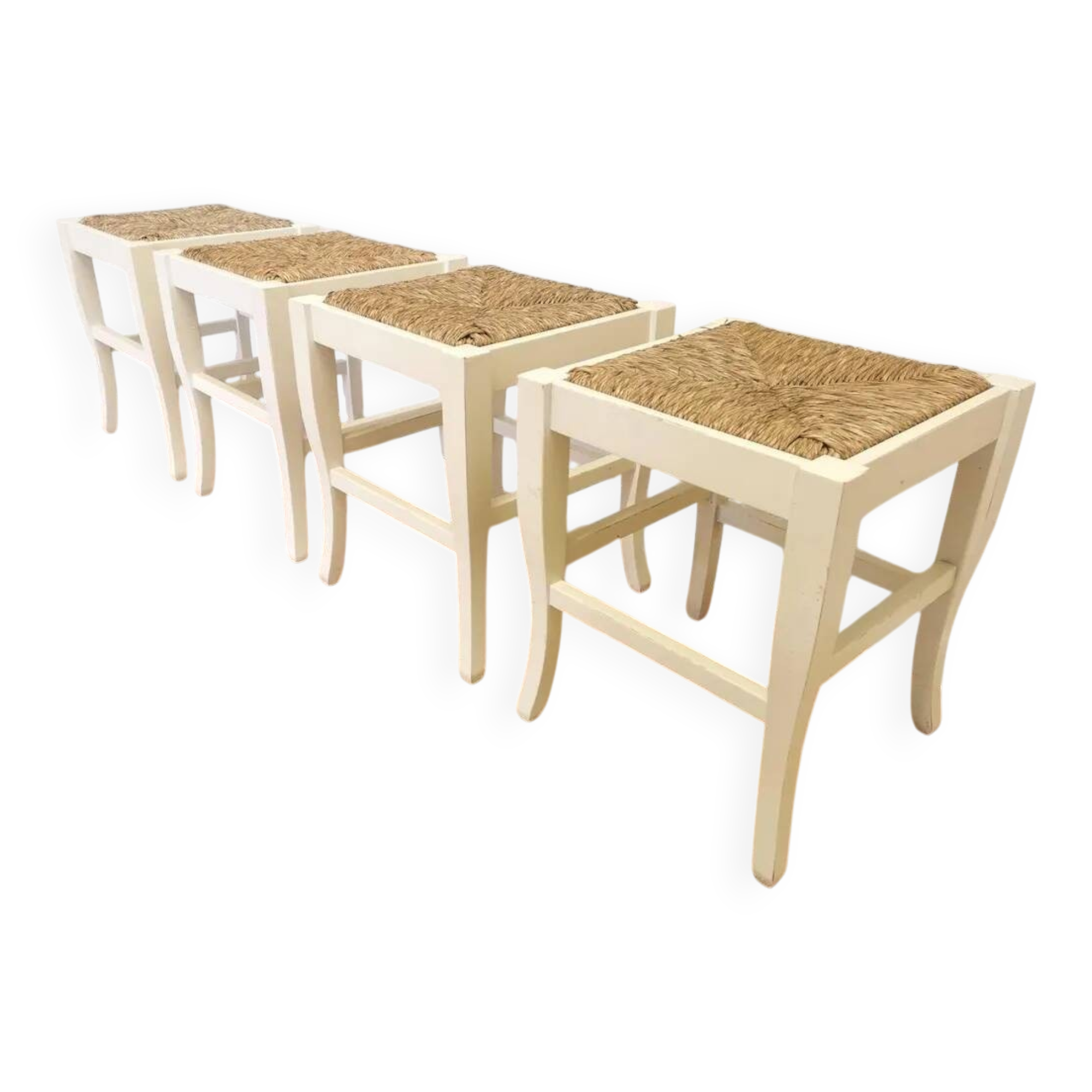 Set of 4 Vintage White Wooden Stools with Thatched Seats - 1970s Yugoslavia