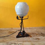 Art Deco lamp in metal and speckled blue opaline glass globe