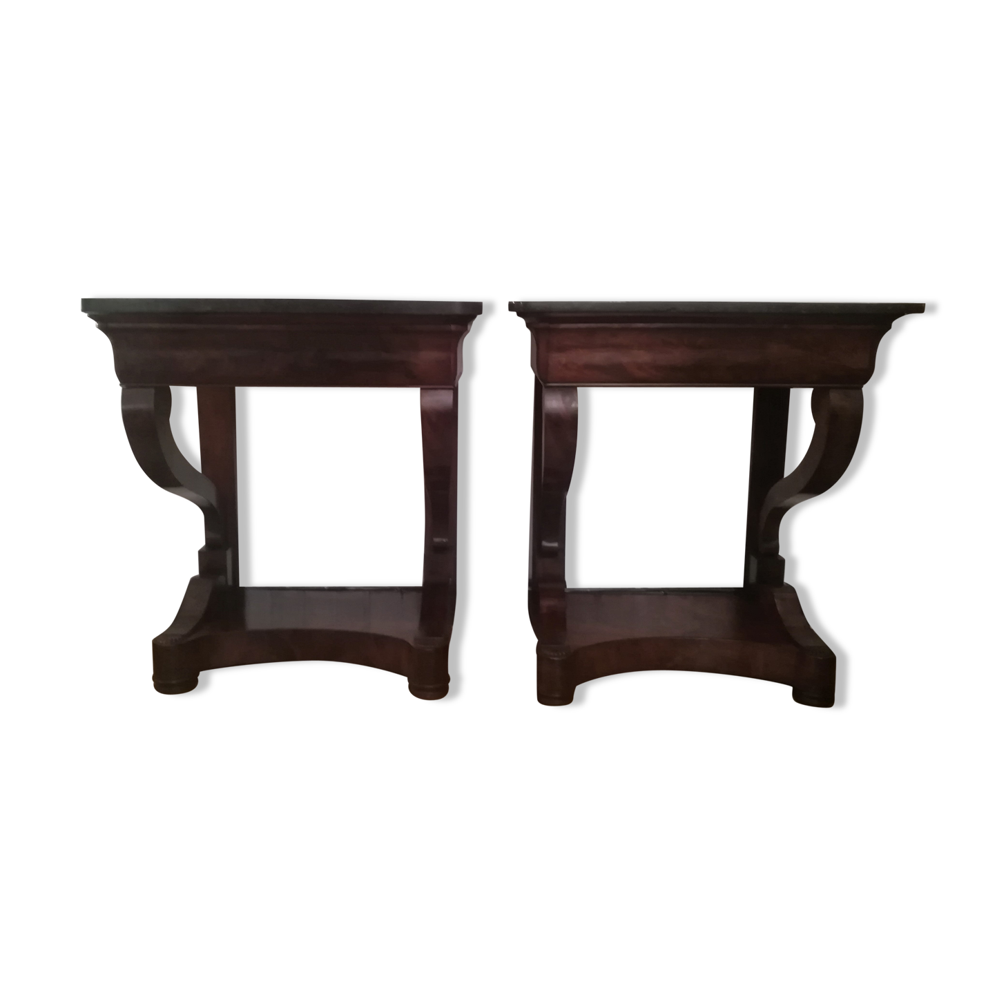 Consoles pair restoration in mahogany and black granite