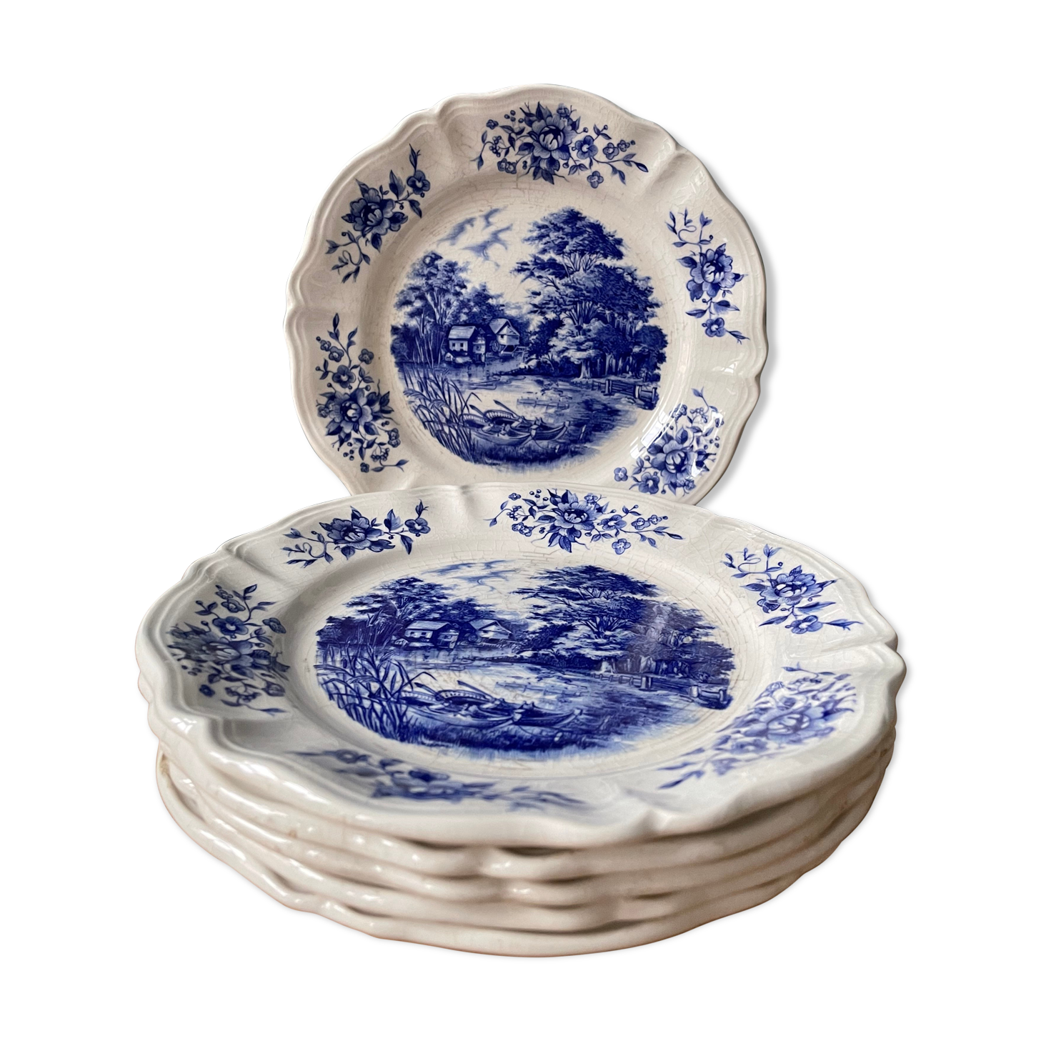 Set of 6 small plates in earthenware from Sarreguemines France, model "Romantic"