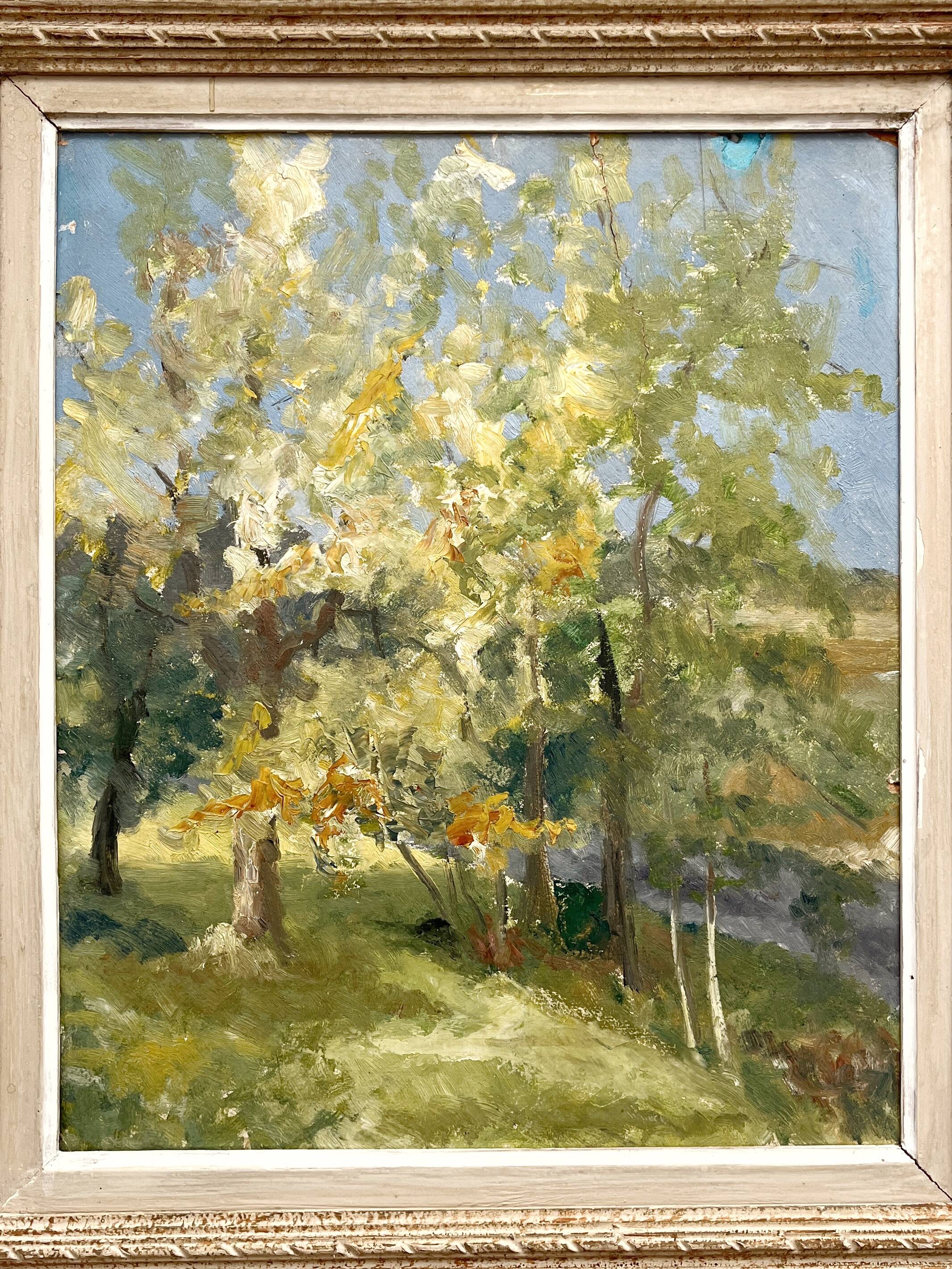 Antique painting, oil on cardboard depicting a landscape