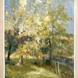 Tableau ancien, peinture à l'huile sur carton évoquant un paysage