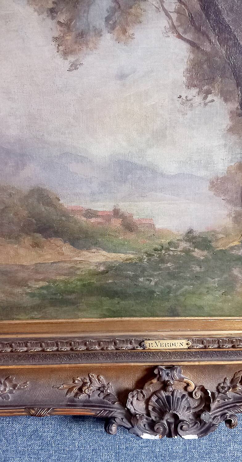 Old painting Late 19th century - R VERDUN (1873-1954) - Around the chin - 81*71.5 cms