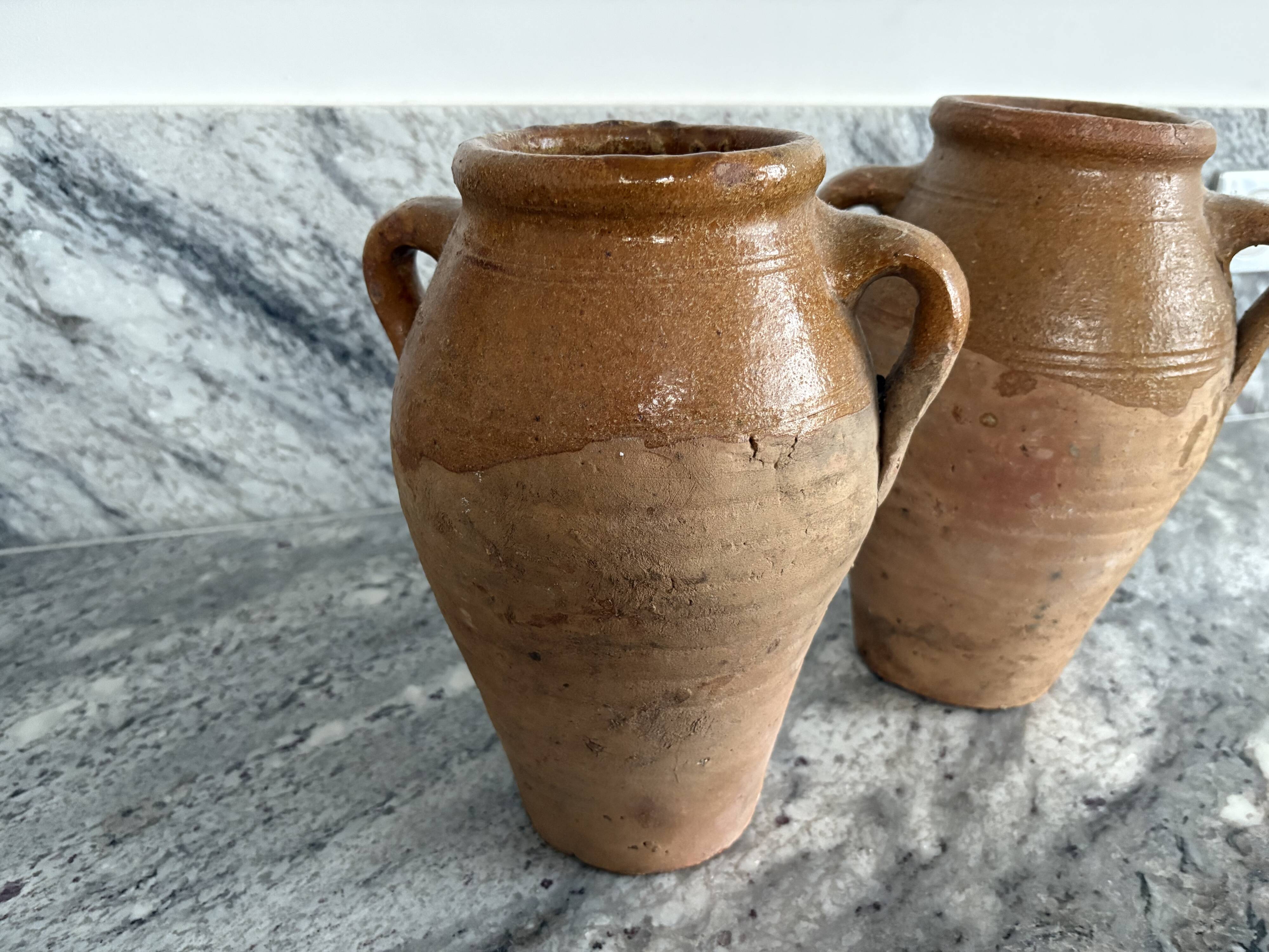 Pair of Provençal enamelled terracotta jars