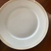 Lot of six flat plates, crockery, old white, gilded
