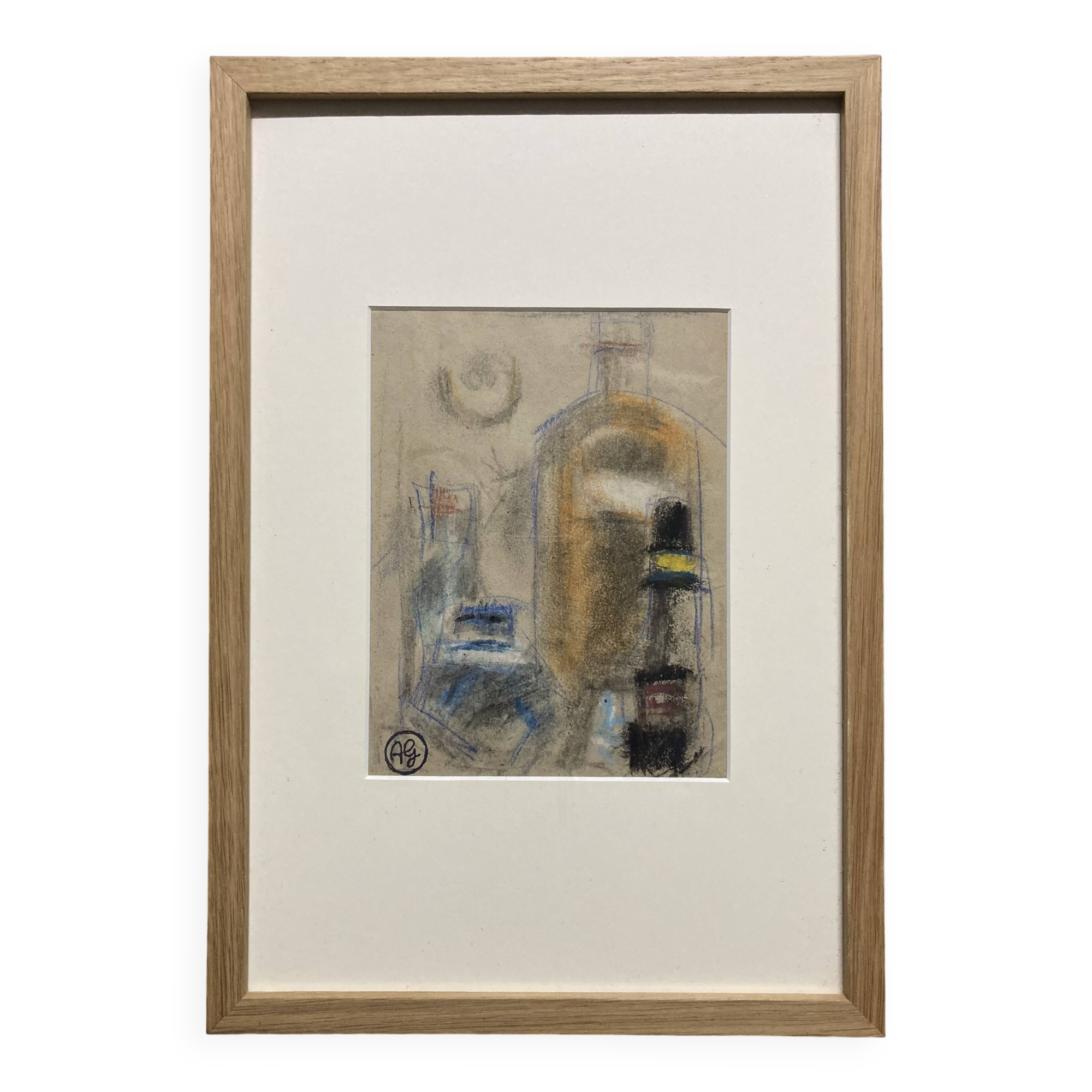 Alfred Gaspart (1900-1993), "Les Bouteilles" Cubist still life, pencil and oil pastel drawing