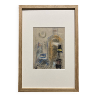 Alfred Gaspart (1900-1993), "Les Bouteilles" Cubist still life, pencil and oil pastel drawing