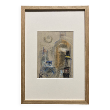 Alfred Gaspart (1900-1993), "Les Bouteilles" Cubist still life, pencil and oil pastel drawing