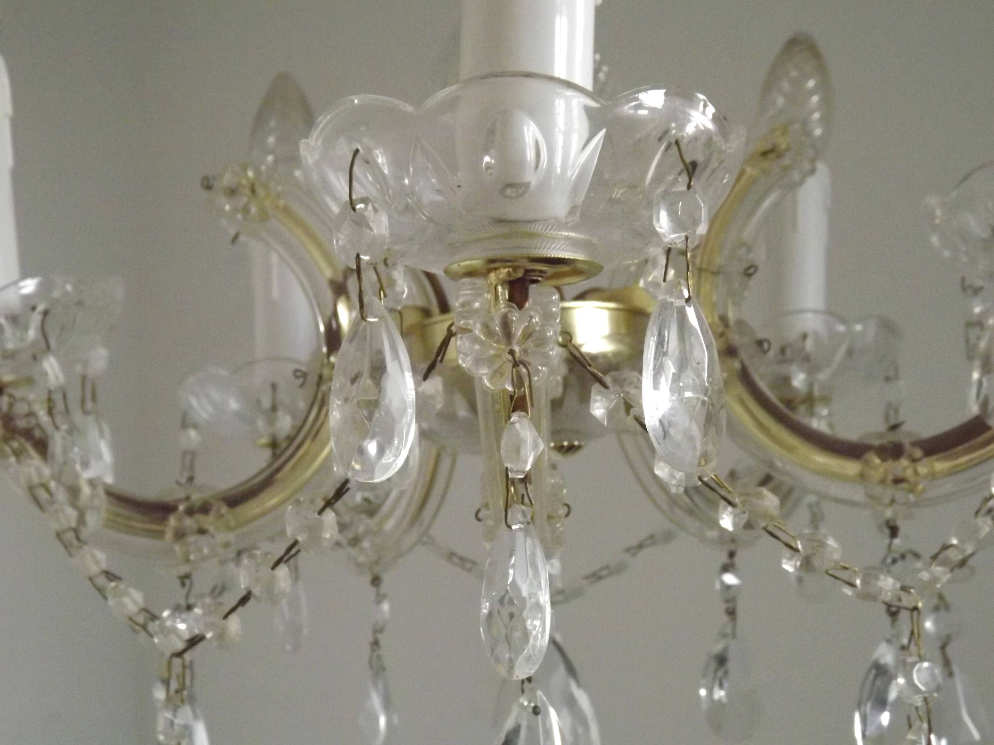 Vintage French Metal Crystal and Glass 5 Arm Paris Chic Style Chandelier