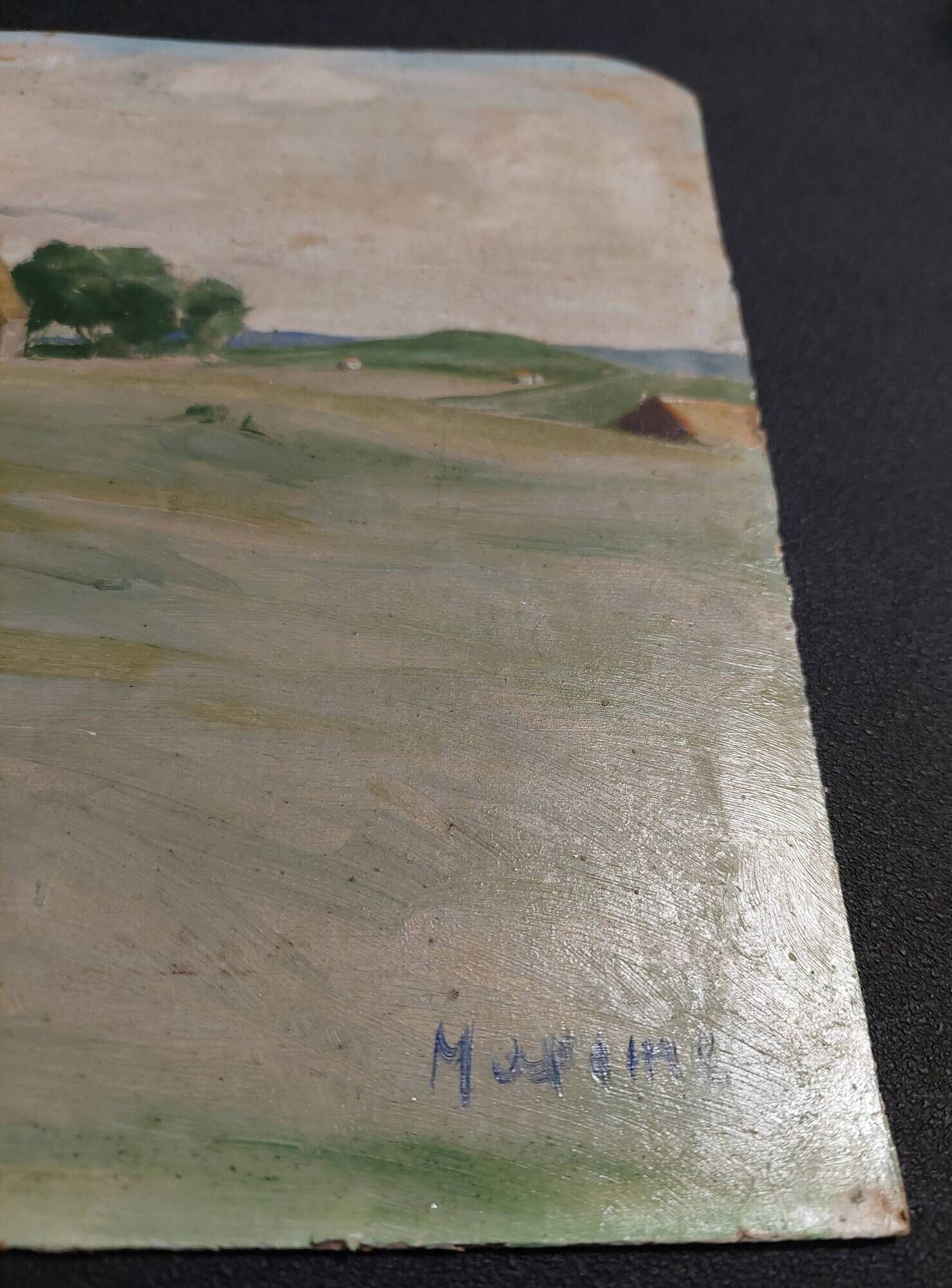 Oil painting on cardboard, rural landscape, early 20th century
