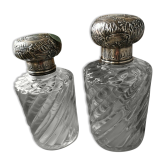 Lot de 2 flacons en cristal modèle bambou bouchon argent massif