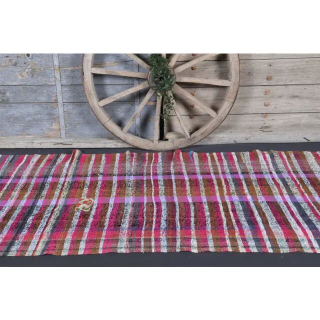 Vintage Turkish Hand-Knotted Wool Cotton Purple Kilim Runner Rug 125x322