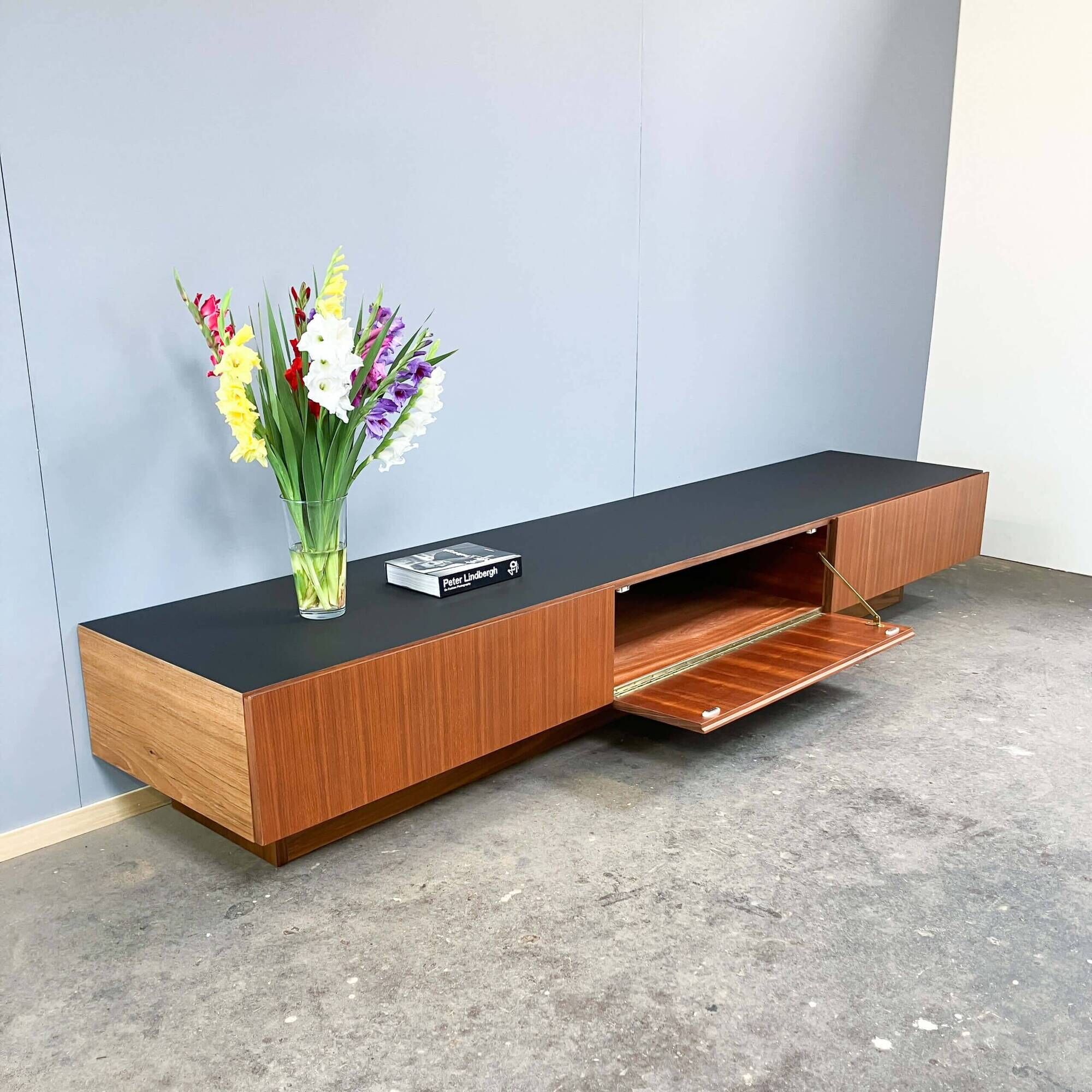 Minimalist XXL lowboard, teak and black top, 1960s