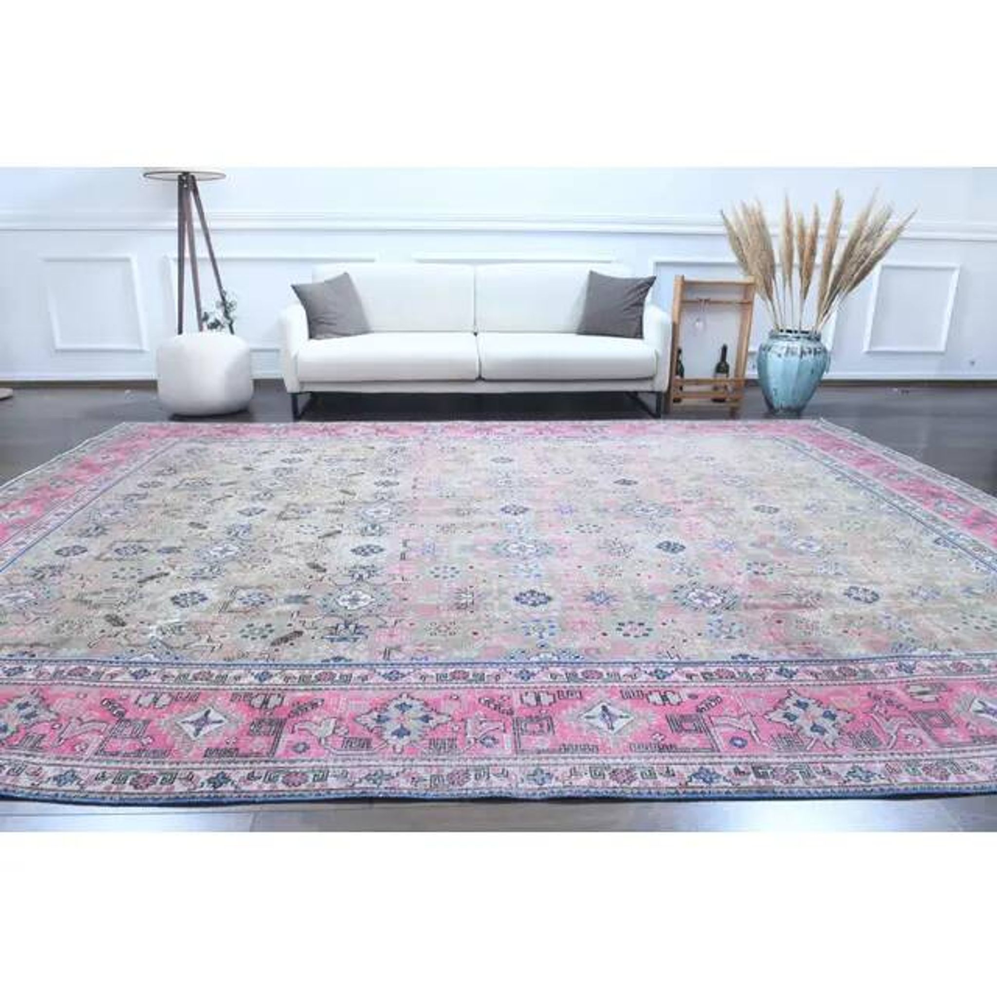 1970s Vintage Persian Handmade Wool Cotton Light Tan Area Rug 285x387
